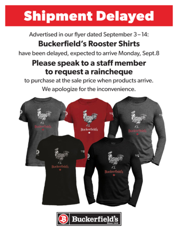 Notice: Buckerfield's Shirts Delayed