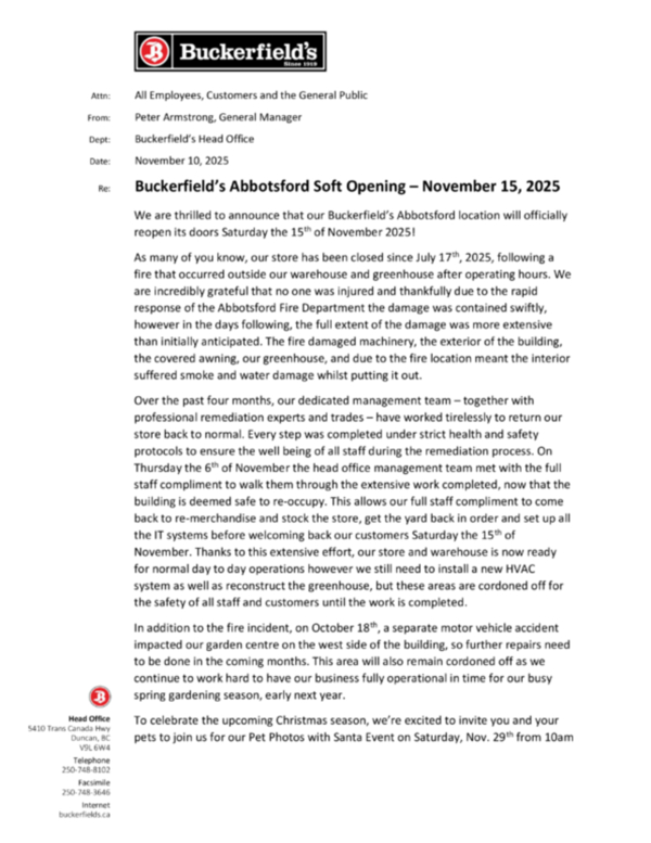 Abbotsford Store Reopening Saturday, November 15th