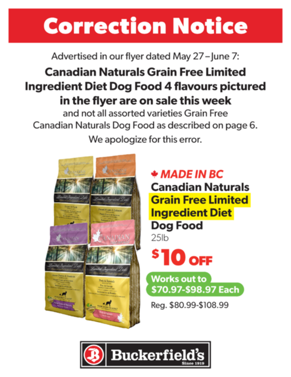 Correction Notice: Canadian Naturals LID Dog Food